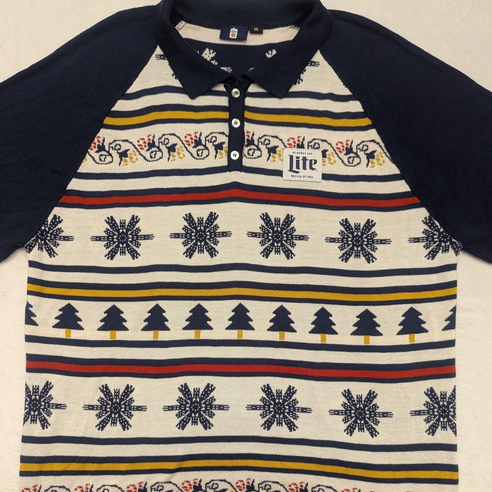 Miller Lite Mens XL Holiday Sweater Snowflakes Be Merry Lite Xmas Navy Blue